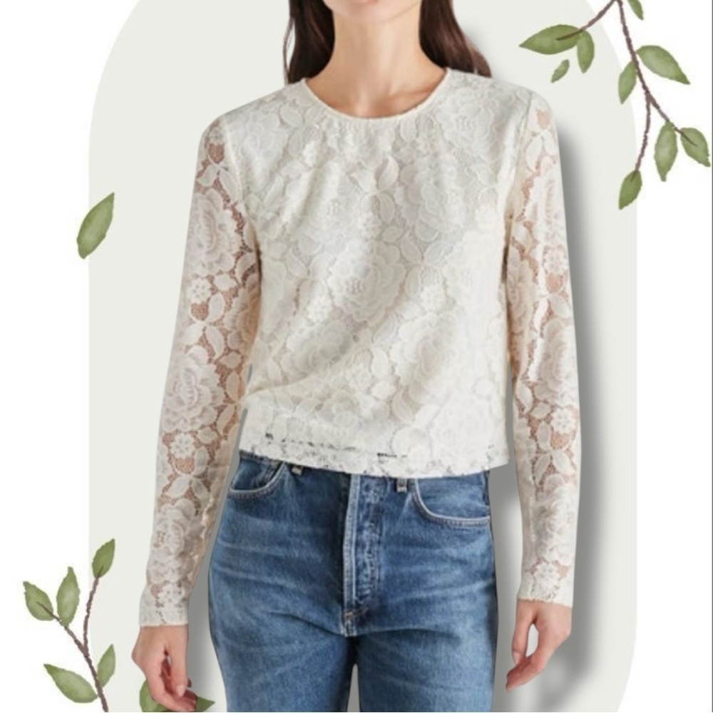NEW Steve Madden Demi Floral Long-Sleeve Lace Top in Whisper White- Size Small